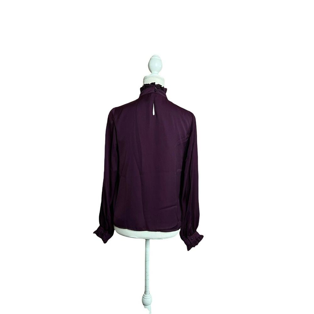 Nanette Lepore Solid Ruffled blouse Satin Smocked Deep V Purple Sz Small - Picture 3 of 9